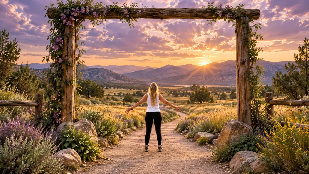 Jaclyn with arms wide open under a wooden arch facing the mountains at sunset