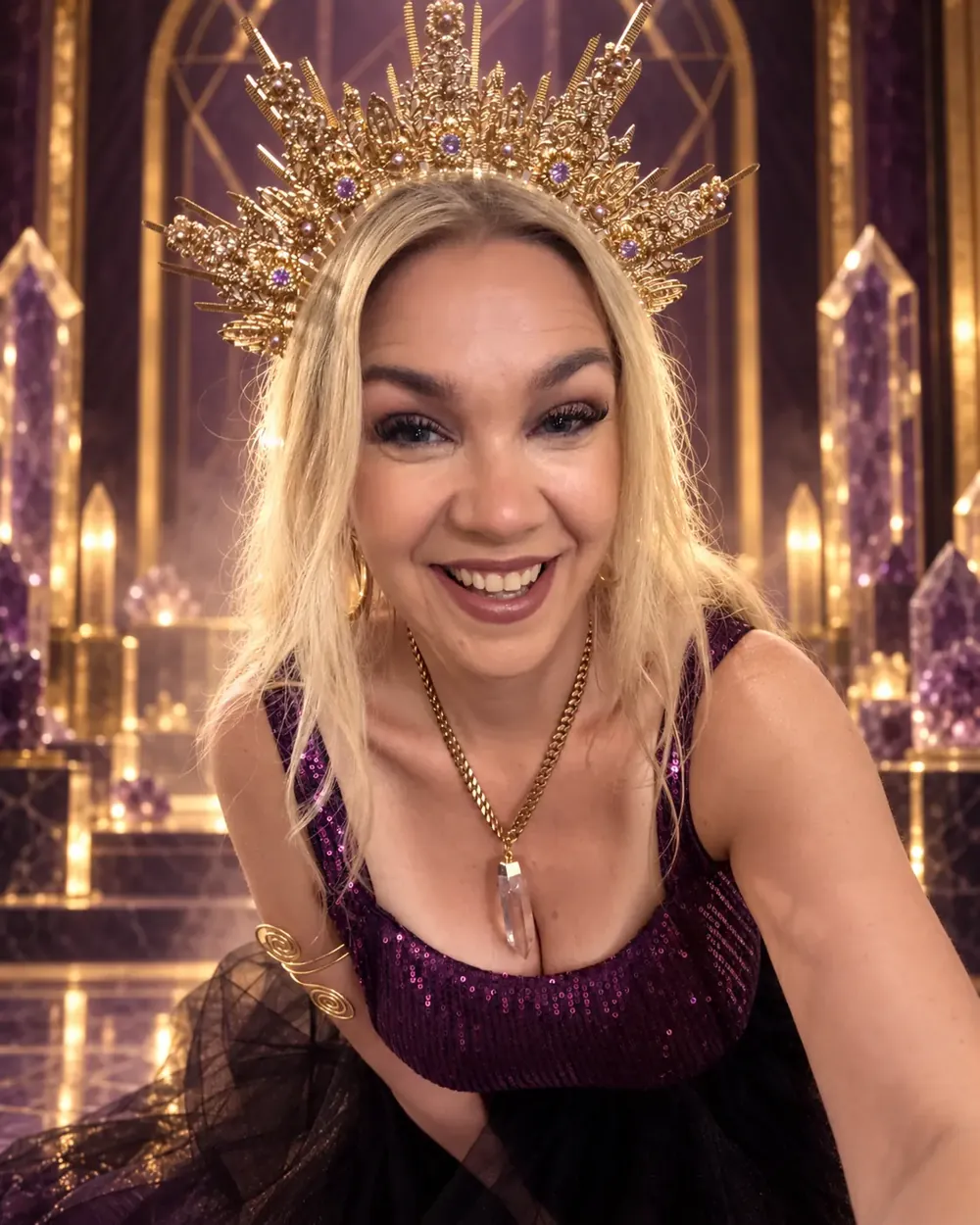 Jaclyn in a gold crown and crystal pendant, grinning
