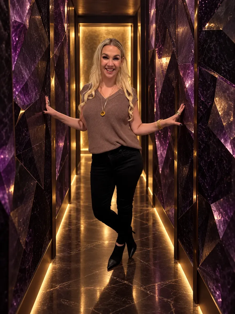 Jaclyn laughing with arms out in an amethyst crystal hallway