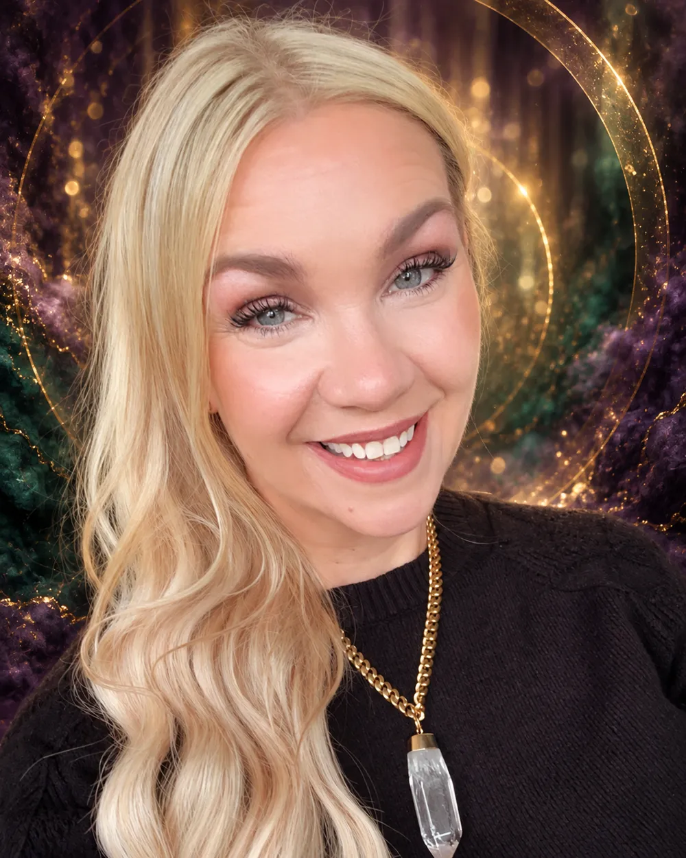 Jaclyn smiling in front of a glowing gold halo