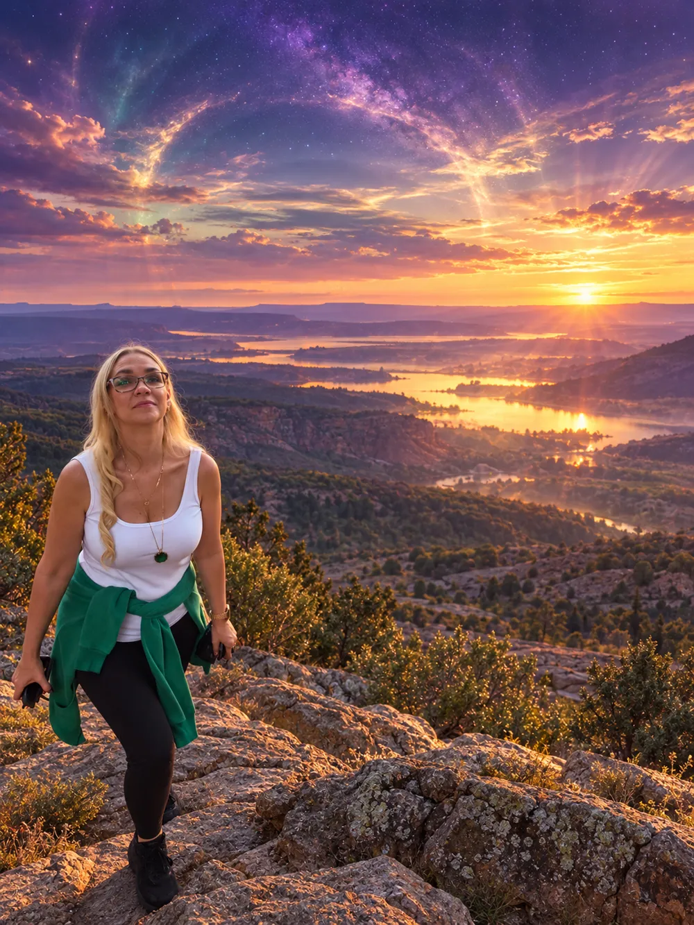 Jaclyn climbing a mountain at sunset under a glowing galaxy sky