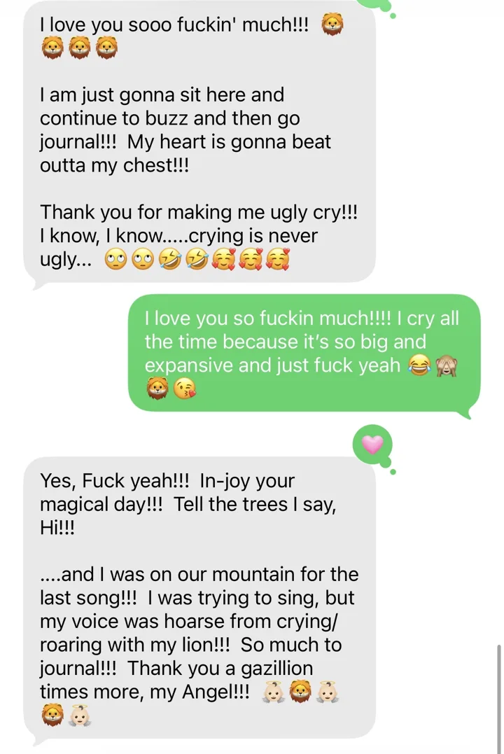 Text messages: I love you sooo fuckin' much!!! I am just gonna sit here and continue to buzz and then go journal!!! Thank you for making me ugly cry!!! ... I was on our mountain for the last song!!! my voice was hoarse from crying/roaring with my lion!!!